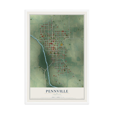 Map of Pennville, Indiana, 12 x 18 inch print in a white wood frame