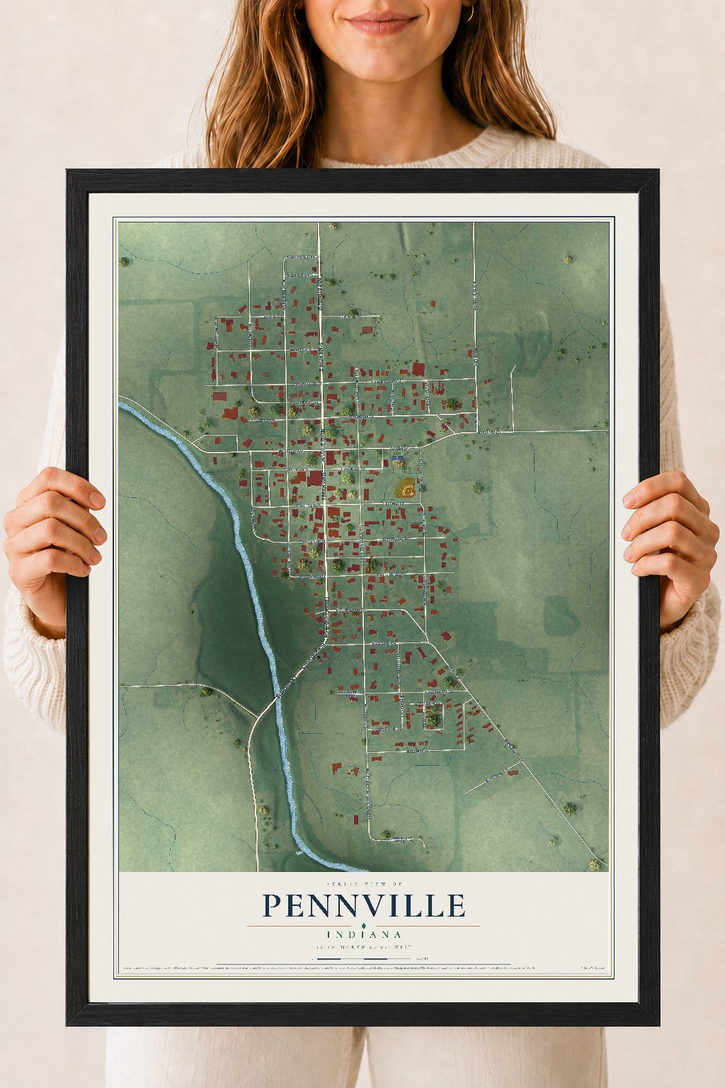 Map of Pennville, Indiana, 18 x 24 inch print in a black wood frame
