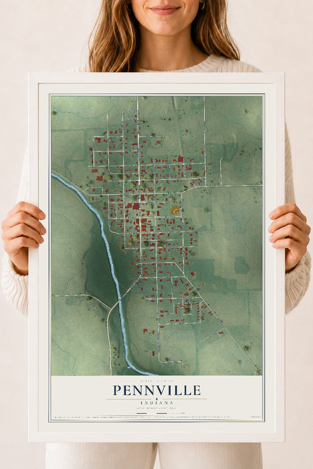 Map of Pennville, Indiana, 18 x 24 inch print in a white wood frame