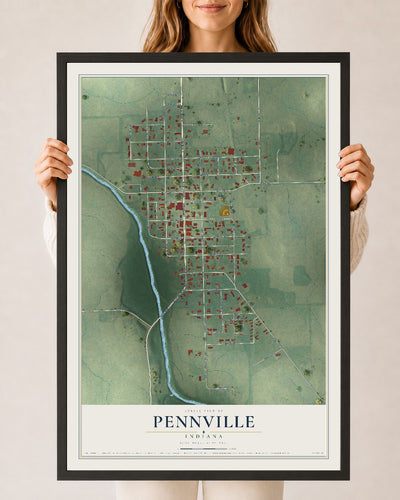 Map of Pennville, Indiana, 24 x 36 inch print in a black wood frame