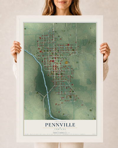 Map of Pennville, Indiana, 24 x 36 inch print in a white wood frame