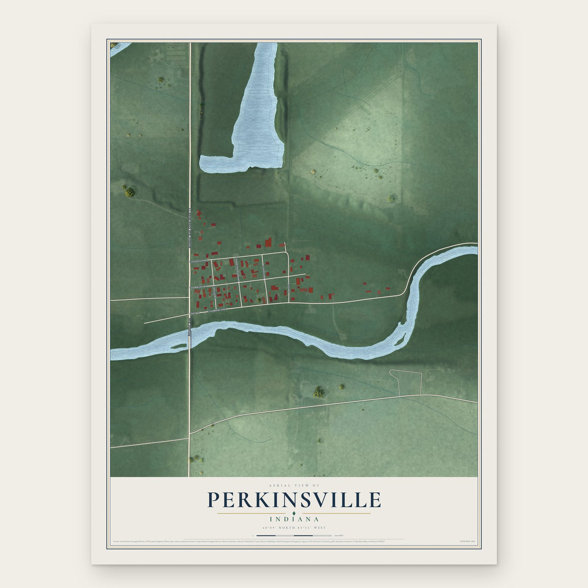Perkinsville, Indiana map print, the full design
