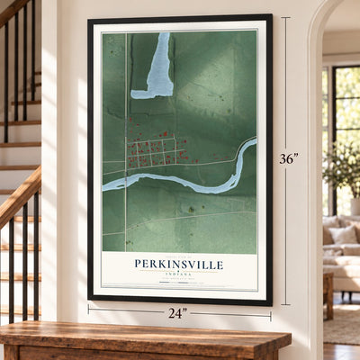 Perkinsville, Indiana map, 24 x 36 inch print in a black frame by a staircase