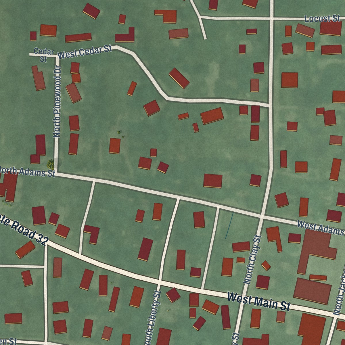 Close-up of the map of Perrysville, Indiana print showing street and building detail