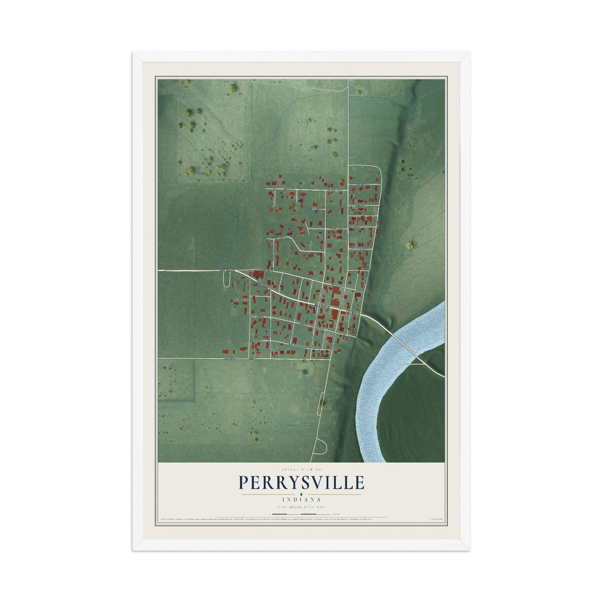 Map of Perrysville, Indiana, 12 x 18 inch print in a white wood frame