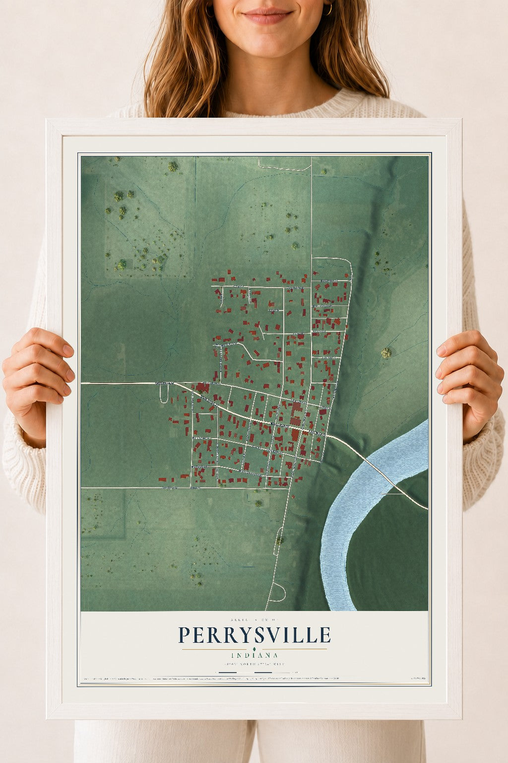 Map of Perrysville, Indiana, 18 x 24 inch print in a white wood frame