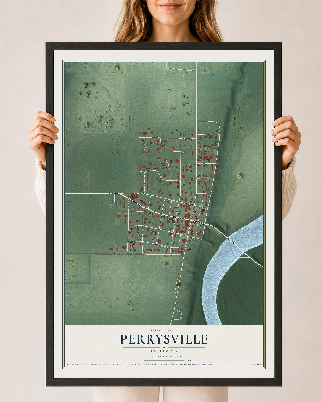 Map of Perrysville, Indiana, 24 x 36 inch print in a black wood frame