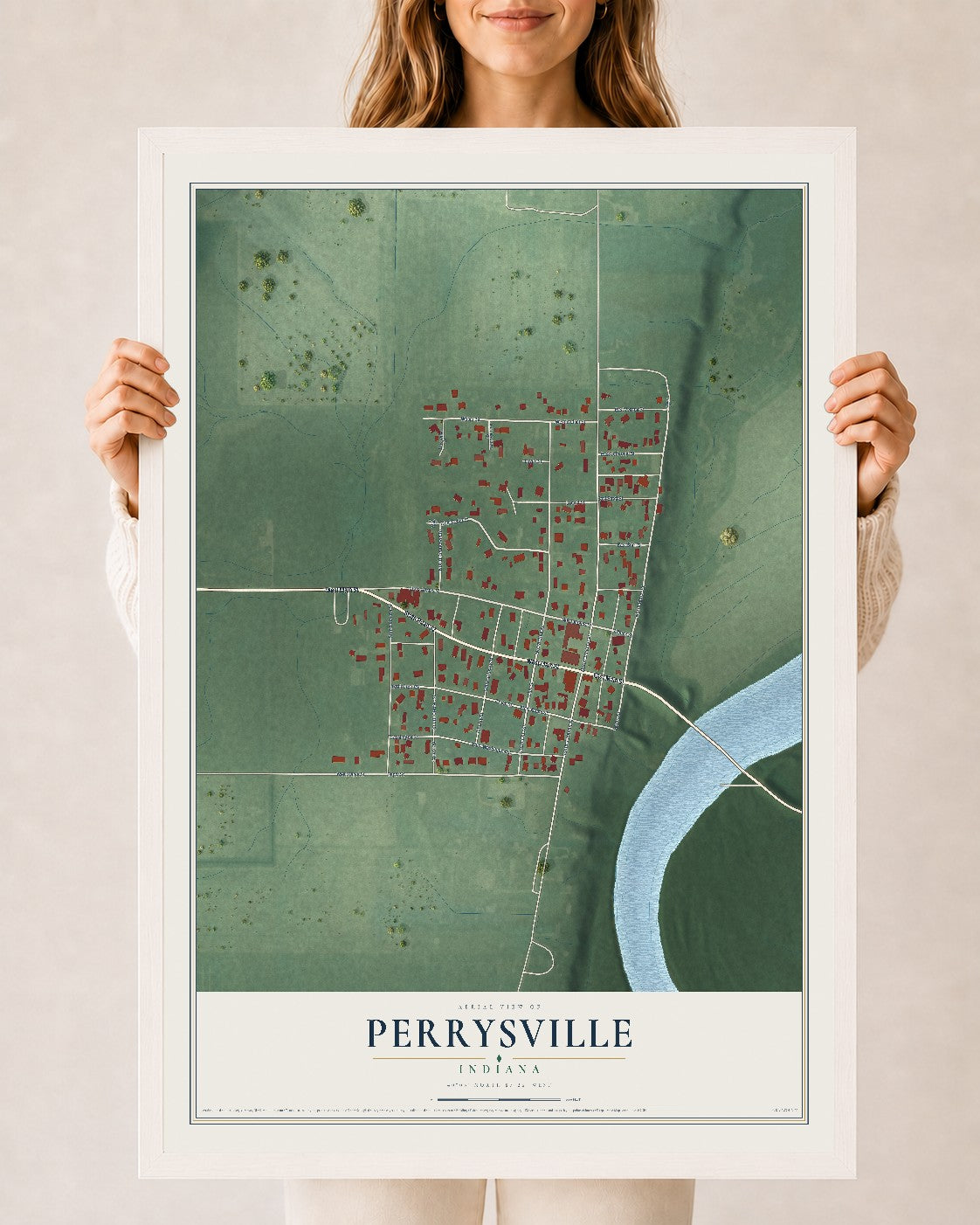 Map of Perrysville, Indiana, 24 x 36 inch print in a white wood frame