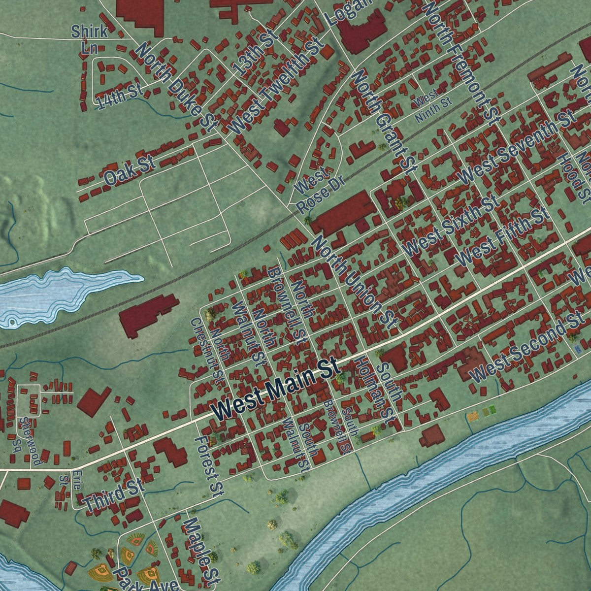 Second close-up of the map of Peru, Indiana print showing more streets and buildings