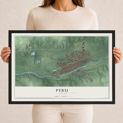 Map of Peru, Indiana, 12 x 18 inch print in a black wood frame