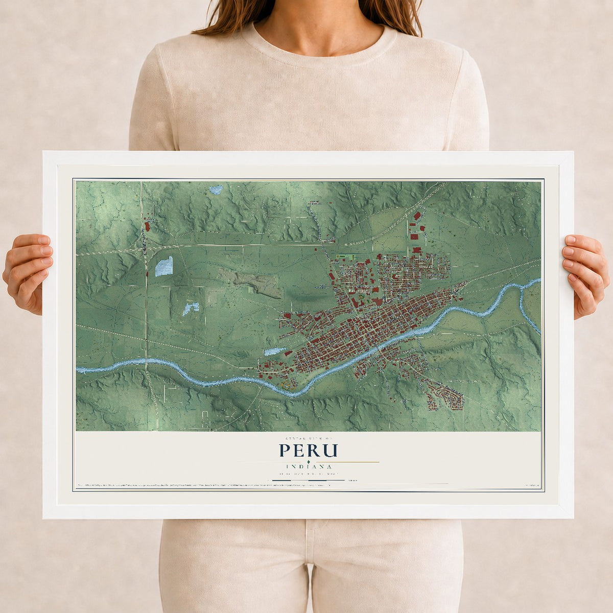 Map of Peru, Indiana, 12 x 18 inch print in a white wood frame