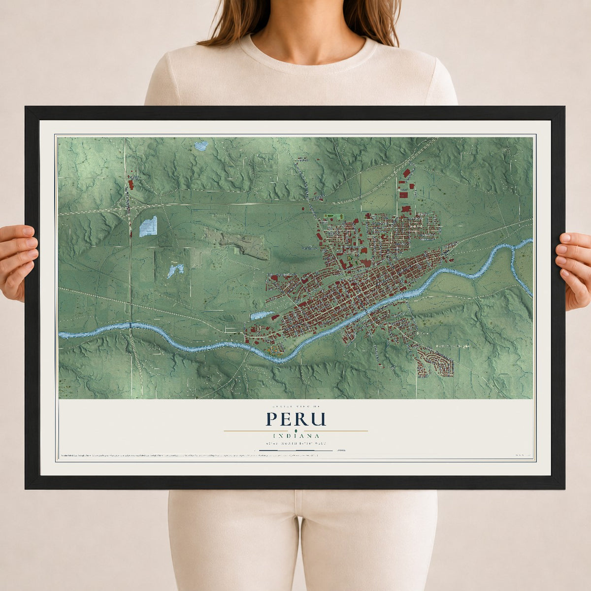 Map of Peru, Indiana, 18 x 24 inch print in a black wood frame