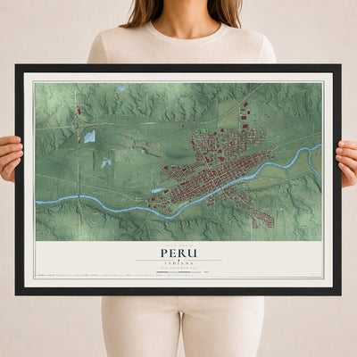 Map of Peru, Indiana, 18 x 24 inch print in a black wood frame