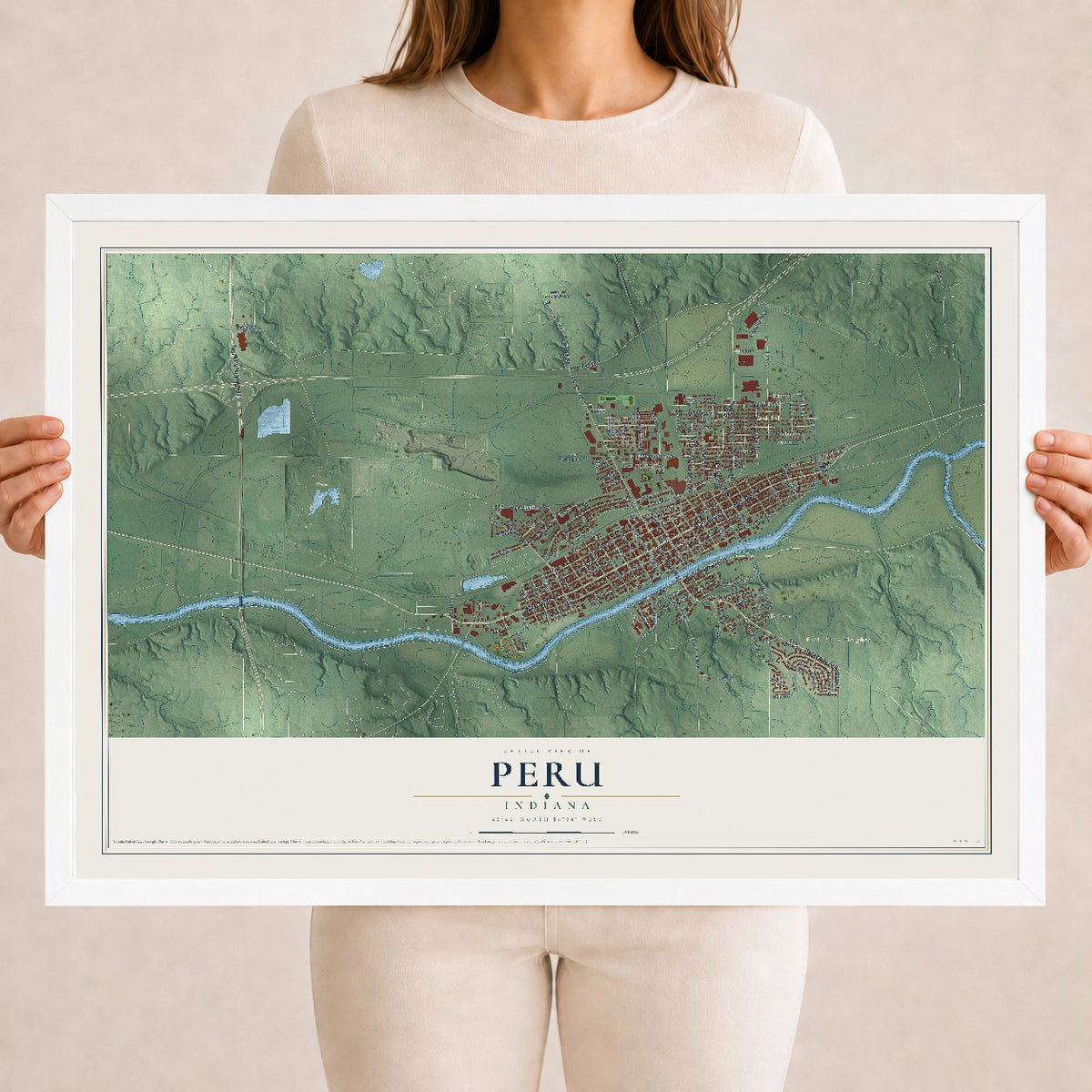 Map of Peru, Indiana, 18 x 24 inch print in a white wood frame