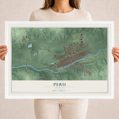 Map of Peru, Indiana, 18 x 24 inch print in a white wood frame