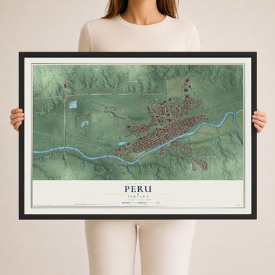 Map of Peru, Indiana, 24 x 36 inch print in a black wood frame
