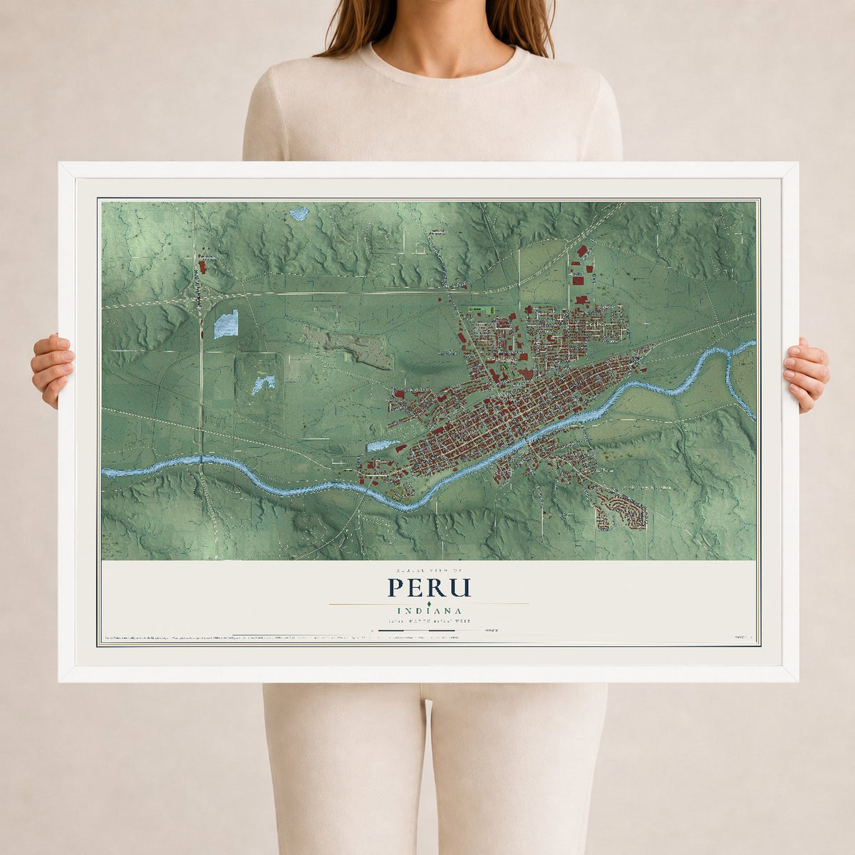 Map of Peru, Indiana, 24 x 36 inch print in a white wood frame