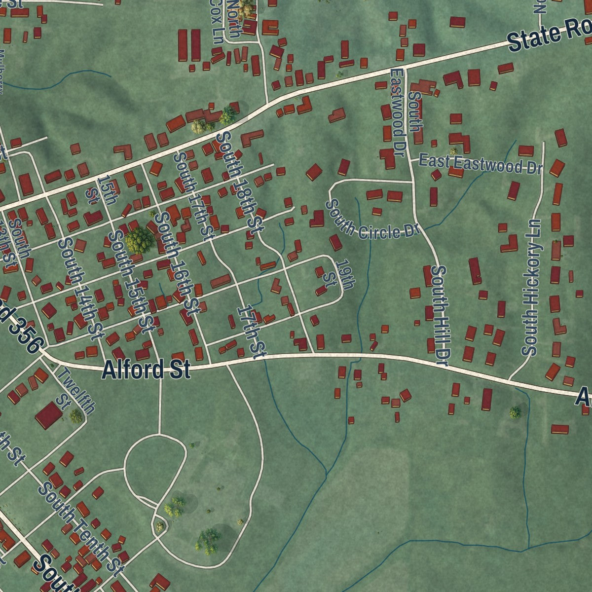 Second close-up of the map of Petersburg, Indiana print showing more streets and buildings