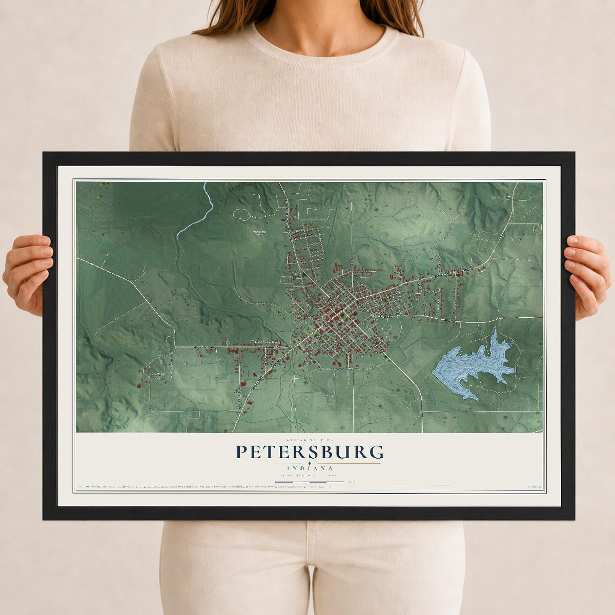 Map of Petersburg, Indiana, 12 x 18 inch print in a black wood frame