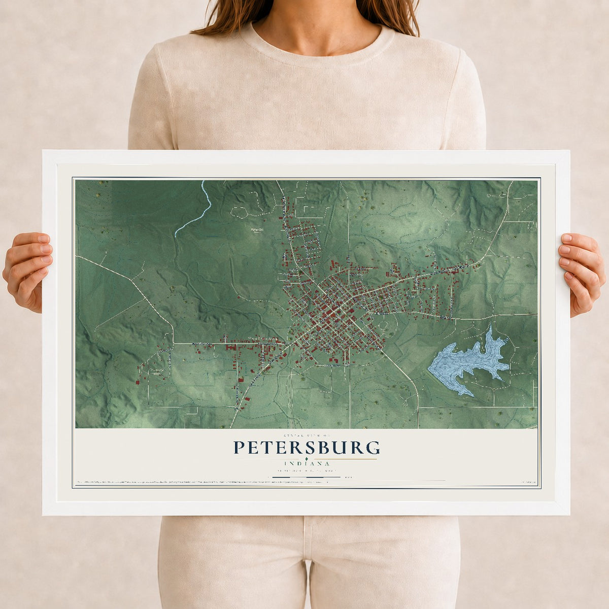 Map of Petersburg, Indiana, 12 x 18 inch print in a white wood frame