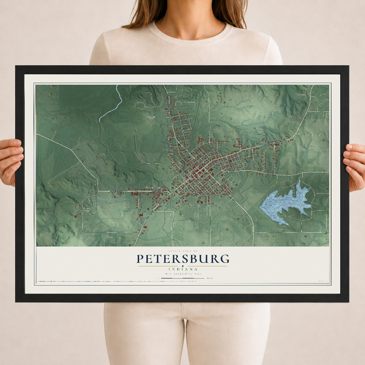 Map of Petersburg, Indiana, 18 x 24 inch print in a black wood frame