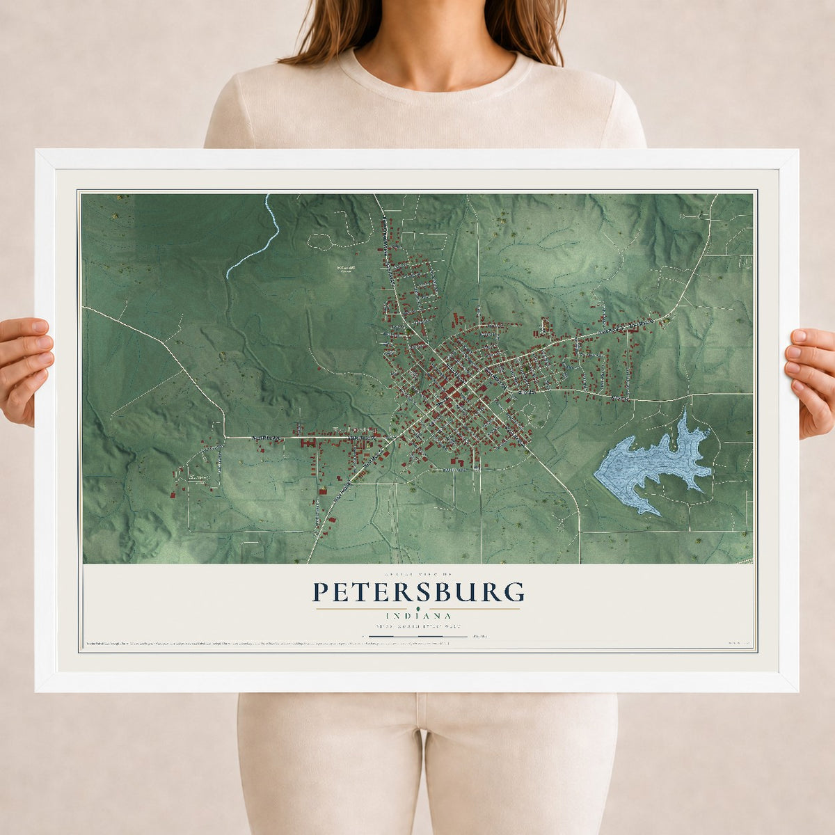 Map of Petersburg, Indiana, 18 x 24 inch print in a white wood frame