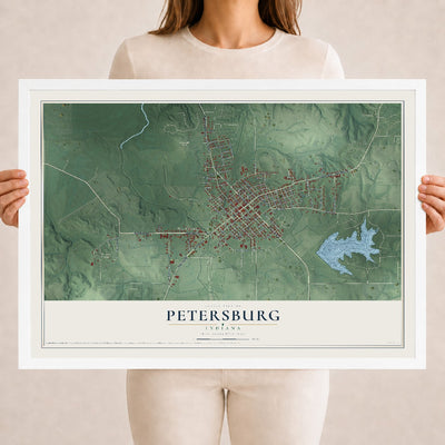 Map of Petersburg, Indiana, 18 x 24 inch print in a white wood frame