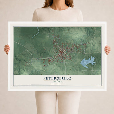 Map of Petersburg, Indiana, 24 x 36 inch print in a white wood frame