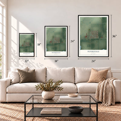 Petersville, Indiana map in 12 x 18, 18 x 24 and 24 x 36 inch sizes above a sofa