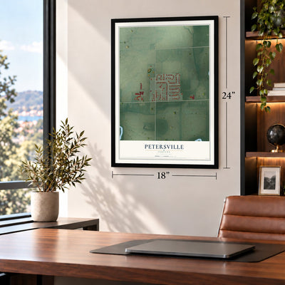 Petersville, Indiana map, 18 x 24 inch print in a black frame in a home office