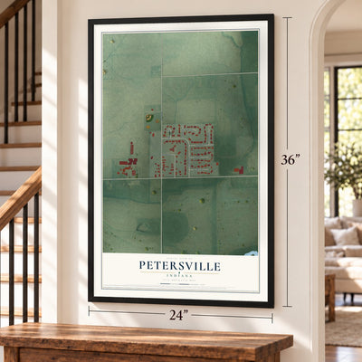 Petersville, Indiana map, 24 x 36 inch print in a black frame by a staircase