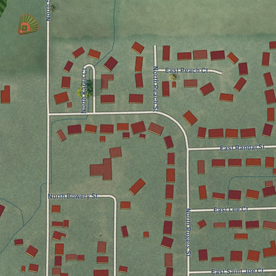 Close-up of the map of Petersville, Indiana print showing street and building detail