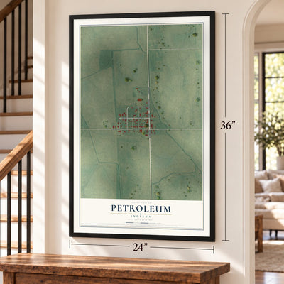 Petroleum, Indiana map, 24 x 36 inch print in a black frame by a staircase