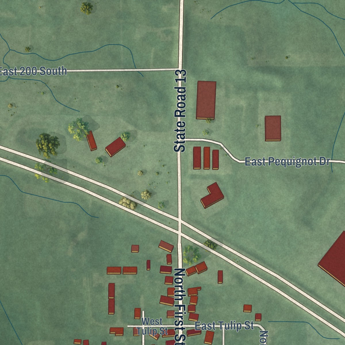 Second close-up of the map of Pierceton, Indiana print showing more streets and buildings