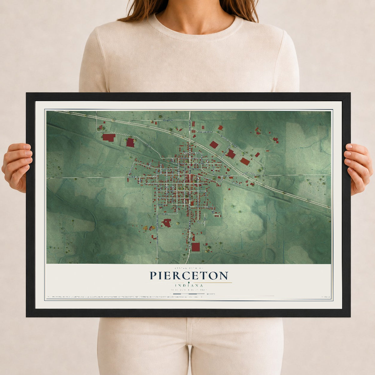 Map of Pierceton, Indiana, 12 x 18 inch print in a black wood frame