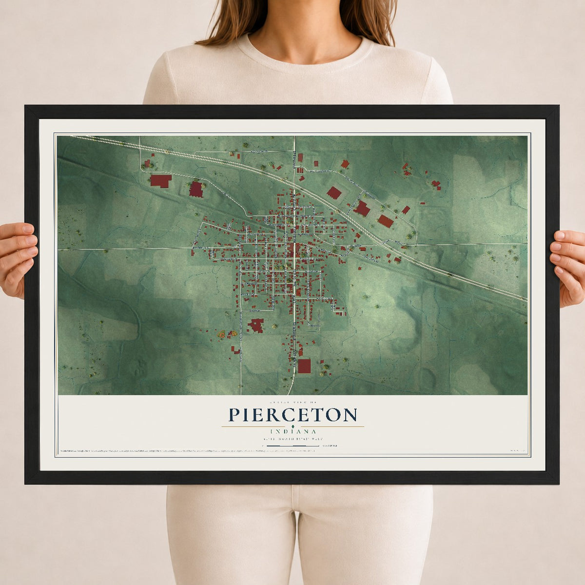 Map of Pierceton, Indiana, 18 x 24 inch print in a black wood frame