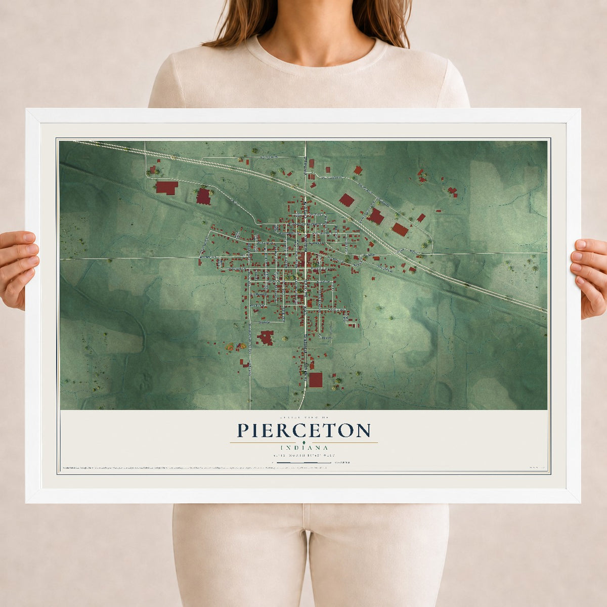 Map of Pierceton, Indiana, 18 x 24 inch print in a white wood frame