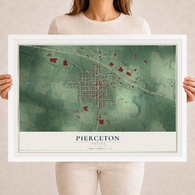 Map of Pierceton, Indiana, 18 x 24 inch print in a white wood frame