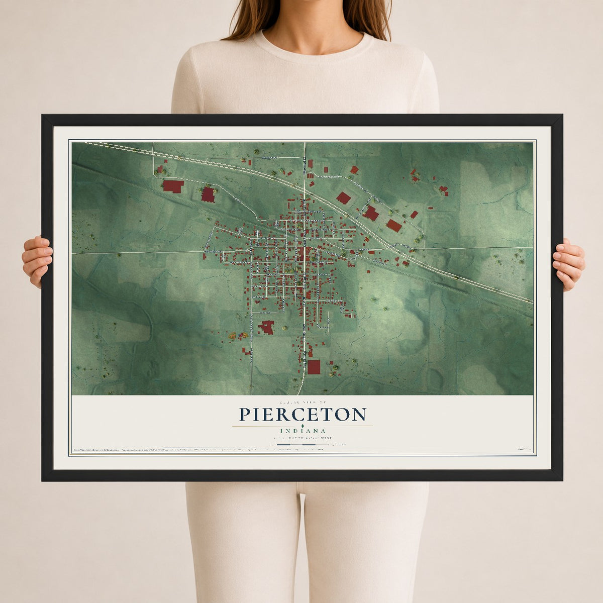 Map of Pierceton, Indiana, 24 x 36 inch print in a black wood frame