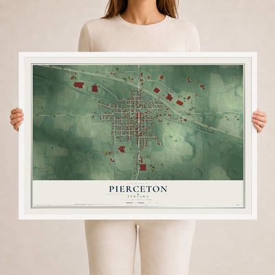 Map of Pierceton, Indiana, 24 x 36 inch print in a white wood frame