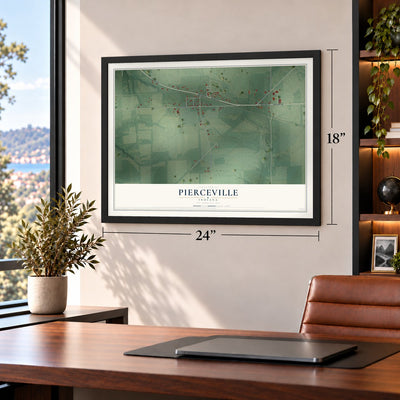 Pierceville, Indiana map, 18 x 24 inch print in a black frame in a home office
