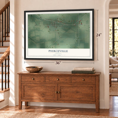 Pierceville, Indiana map, 24 x 36 inch print in a black frame above a dresser by a staircase