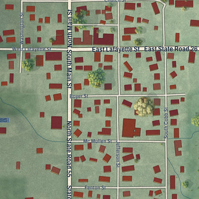 Close-up of the map of Pine Village, Indiana print showing street and building detail
