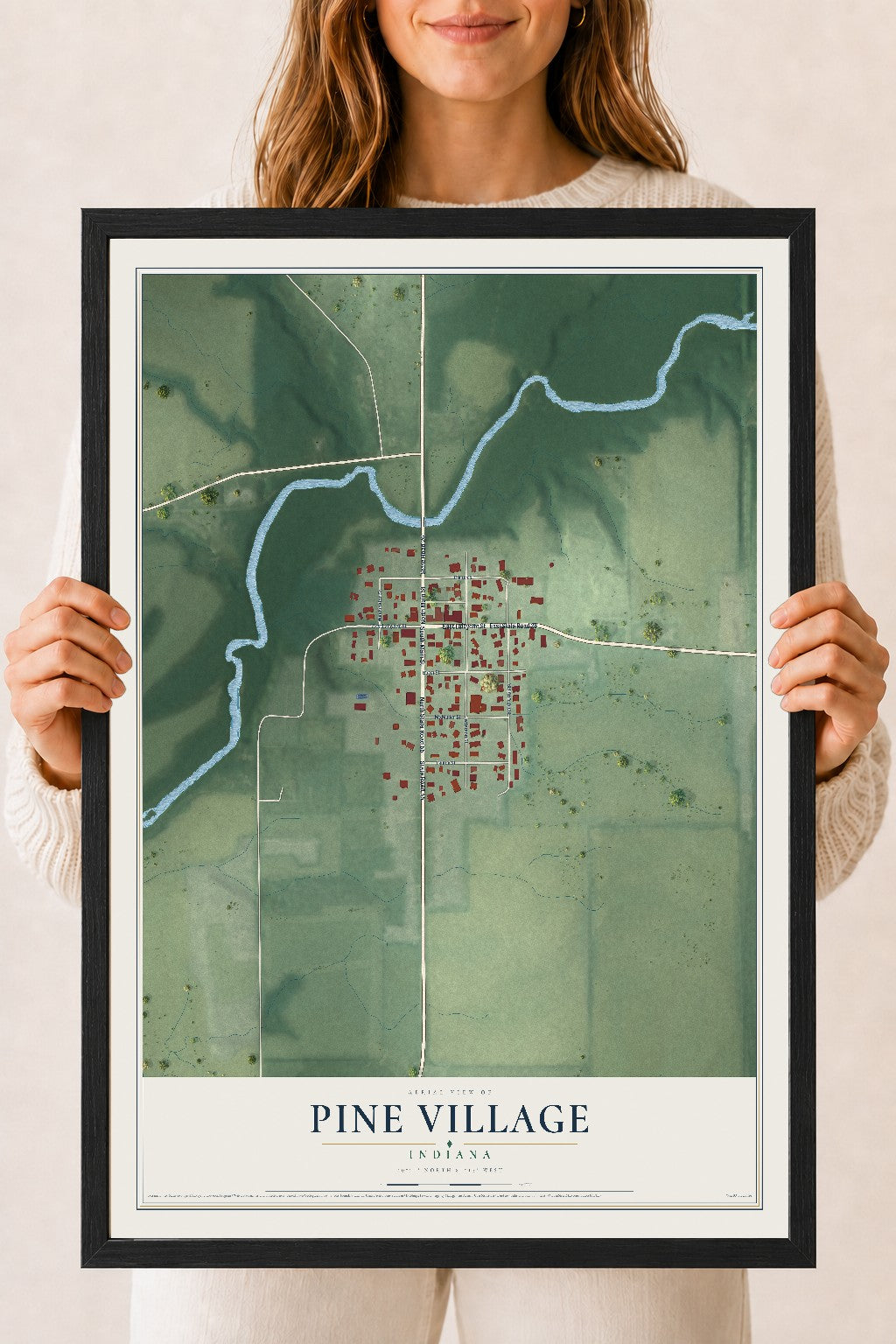 Map of Pine Village, Indiana, 18 x 24 inch print in a black wood frame
