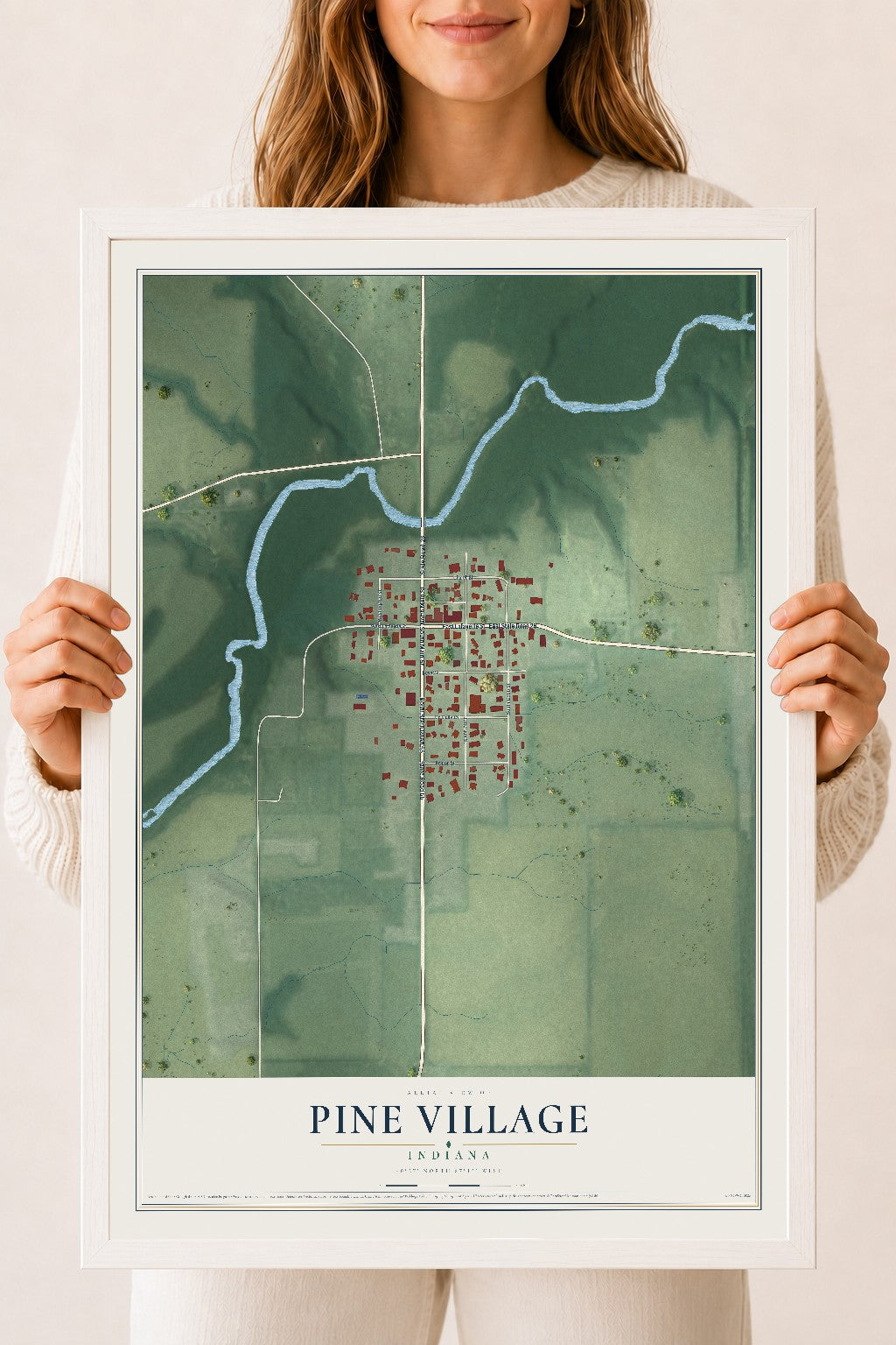 Map of Pine Village, Indiana, 18 x 24 inch print in a white wood frame