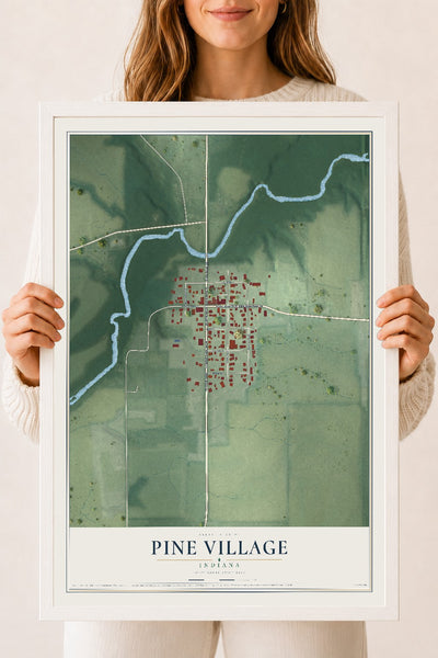 Map of Pine Village, Indiana, 18 x 24 inch print in a white wood frame