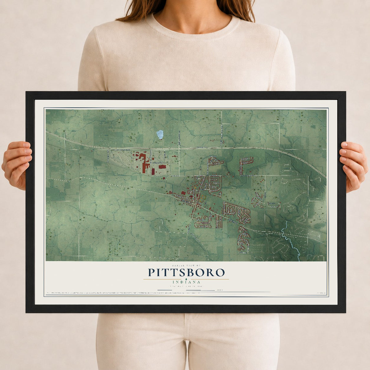 Map of Pittsboro, Indiana, 12 x 18 inch print in a black wood frame