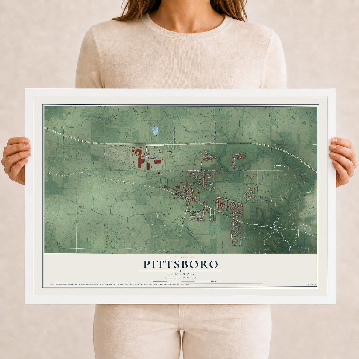 Map of Pittsboro, Indiana, 12 x 18 inch print in a white wood frame