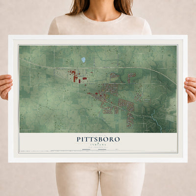Map of Pittsboro, Indiana, 18 x 24 inch print in a white wood frame