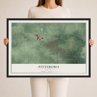 Map of Pittsboro, Indiana, 24 x 36 inch print in a black wood frame